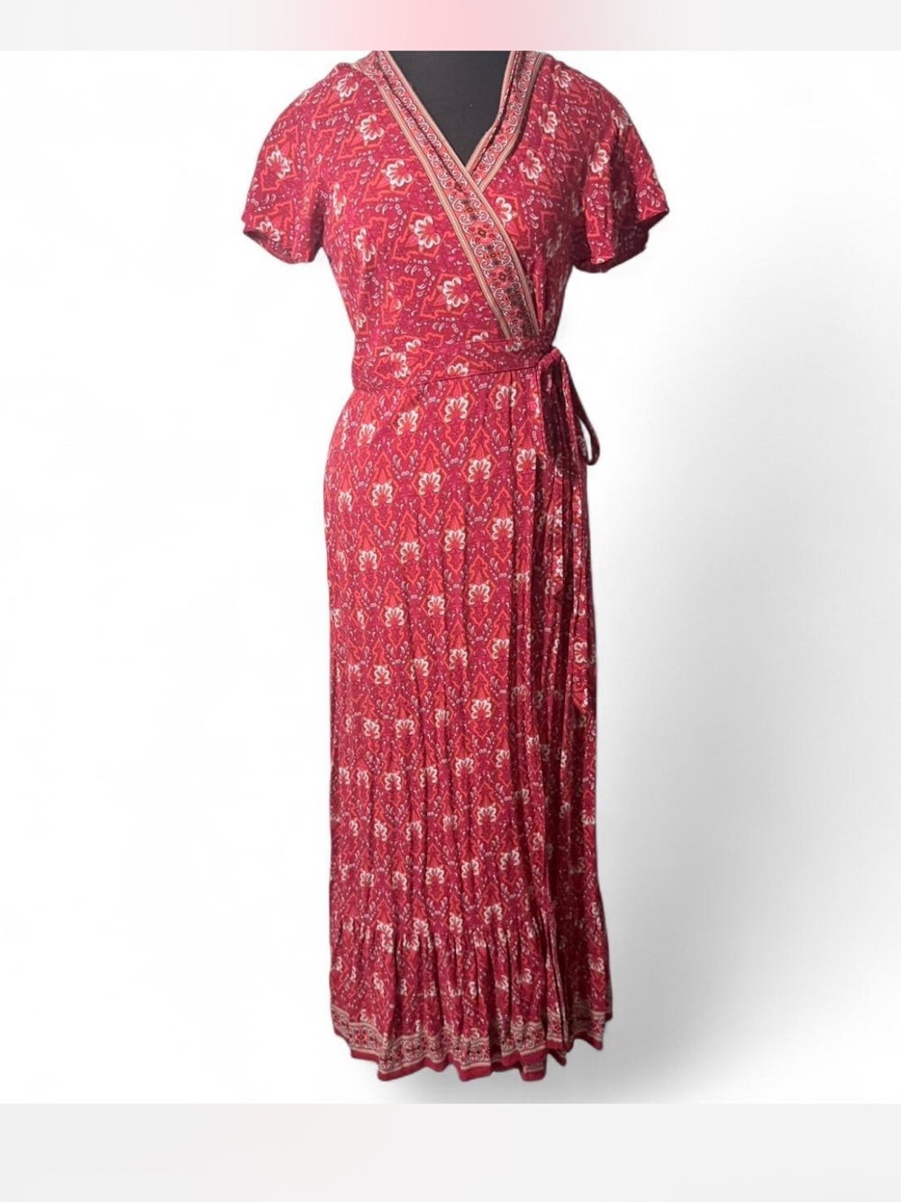 Zesica Red Boho Floral Wrap Maxi Dress Short Sleeve Tie Waist Size M